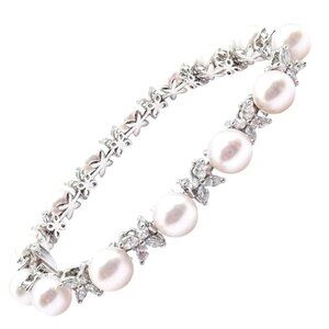 Tiffany & Co Victoria Platinum Diamond Akoya Cultured Pearl Line Tennis Bracelet